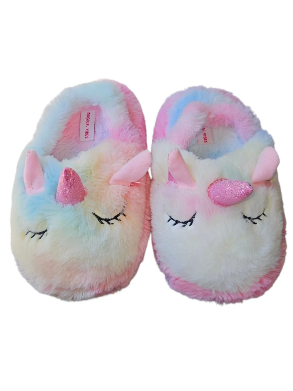 Magical Vibes Fluffy Faux Fur Rainbow Sparkly Unicorn Slippers Back Strap 9/10